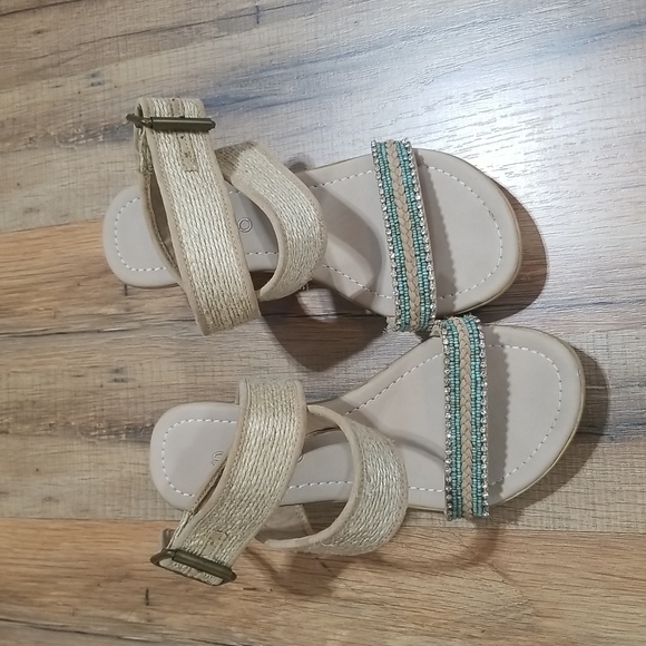 SKEMO Beige, Rhinestone & Turquoise Beaded Wedge Ankle Wrap Sandals - Picture 2 of 14